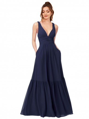 Floor Length Deep V-Neck Ruched Chiffon Long Bridesmaid Dress Glasgow