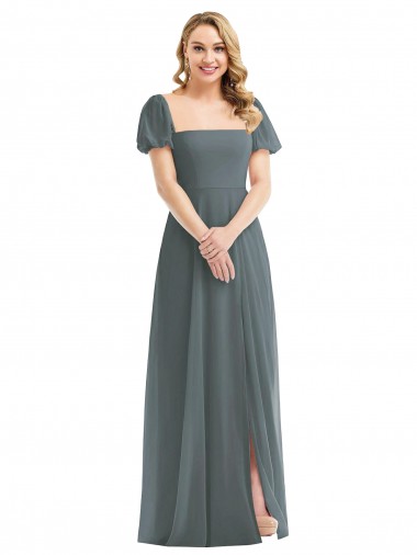 Puff Sleeves Chiffon Maxi Bridesmaid Dress with Front Slit Glasgow