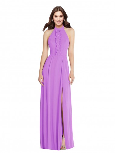 Halter Backless Maxi Formal Bridesmaid Dress with Button Ruffle Placket Glasgow