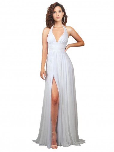Simple Halter Plunge V-Neckline Chiffon Beach Wedding Dress with High Leg Split Glasgow