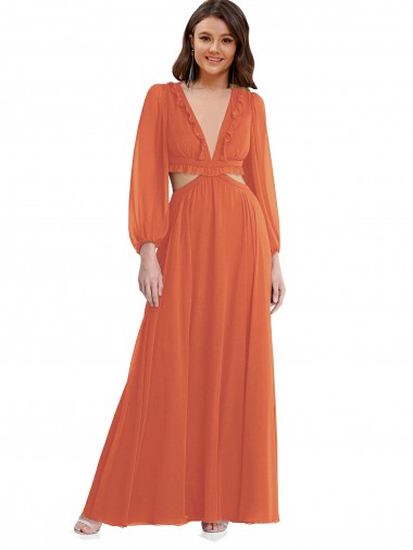 High Low Ruffled Long Chiffon Cutout Bishop Sleeves Maxi Bridesmaid Dress Glasgow