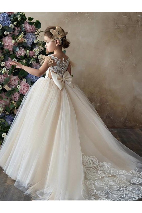 Champagne Ball Gown Sweetheart Chapel Train Sleeveless Flower Girl Dress