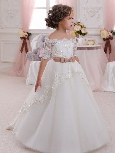 Ivory Ball Gown High Neck Floor Length Short Sleeve Flower Girl Dress Glasgow