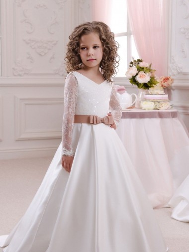 Ivory Ball Gown V-Neck Chapel Train Long Sleeve Flower Girl Dress Glasgow