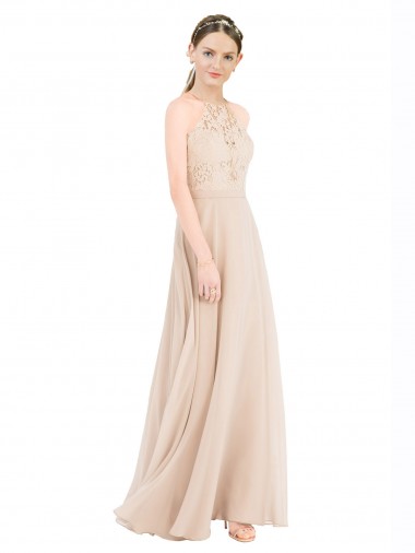 High Halter Neck Illusion Lace Bridesmaid Dress / Prom Dress with Chiffon Skirt and Keyhole Back Glasgow