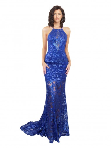 High Neck Long Open Back Lace Bridesmaid Dress / Prom Dress with Train Glasgow