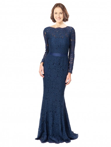 Long Sleeves Floor Length Vintage Lace Bridesmaid Dress with Deep V-Back Glasgow