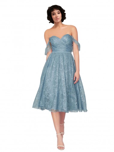 Off the Shoulder Sweetheart Chantilly Lace Midi Length Cocktail Bridesmaid Dress Glasgow