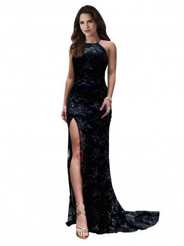 Formal High Neckline Lace Open Back Bridesmaid Dress / Prom Dress with High Slit Glasgow