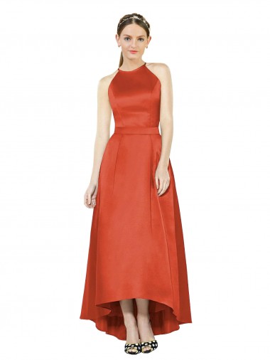 Full Length Halter Satin Bridesmaid Dress with Hi-Low Hem Detail Glasgow