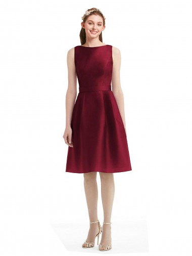 Short Midi Length Satin Cocktail Bridesmaid Dress with Bateau Neckline and V-Back Glasgow