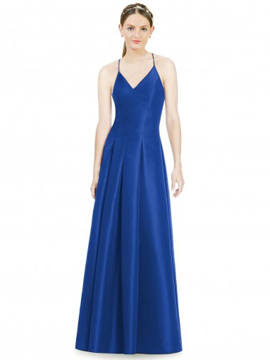 Full Pleated V-Neck Long Satin Bridesmaid Dress with Criss Cross Open Back Glasgow