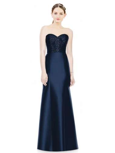 Full Length Strapless Satin Bridesmaid Dress with Lace Sweetheart Neckline Glasgow
