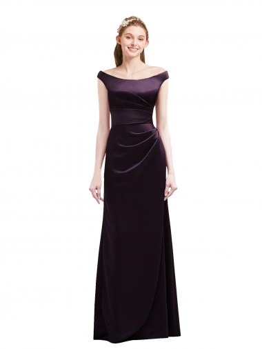 Off The Shoulder Long Satin Bridesmaid Dress with Asymmetrical Pleated Bodice Glasgow