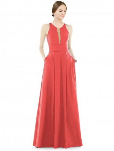 Sheer V-Neck Tulle Illusion Long Satin Bridesmaid Dress Glasgow