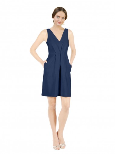 Deep V-Neck Short Knee Length Satin Cocktail Bridesmaid Dress with Slimming Pleats Glasgow