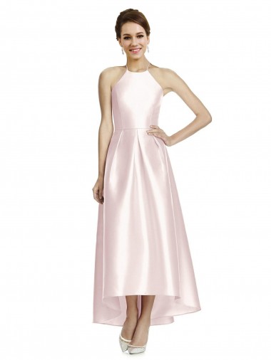 Long High-Low Halter Satin Bridesmaid Dress with Criss-Cross Back Glasgow