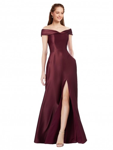 Long Off the Shoulder Formal Satin Bridesmaid Dress / Prom Dress with Thigh-high Slit Glasgow