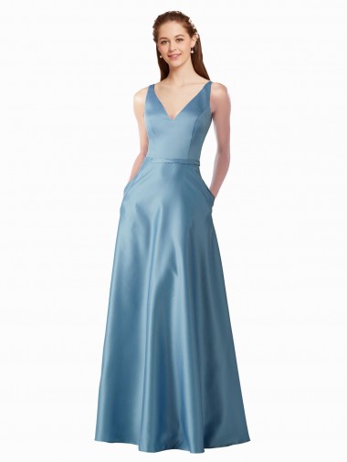 Classic Satin V-Neck A-Line Bridesmaids Dress with Pockets Glasgow