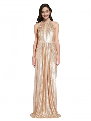 Floor Length Halter Neck Sparkling Formal Sequin Bridesmaid Dress / Prom Dress with Pleats Glasgow