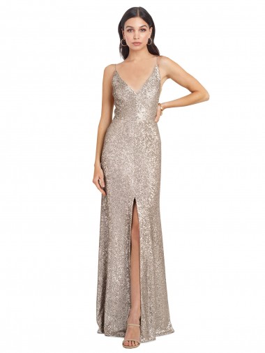 V-Neck Fully Sequin Formal Bridesmaid Dress / Prom Dress with V-Back and Front Slit Glasgow