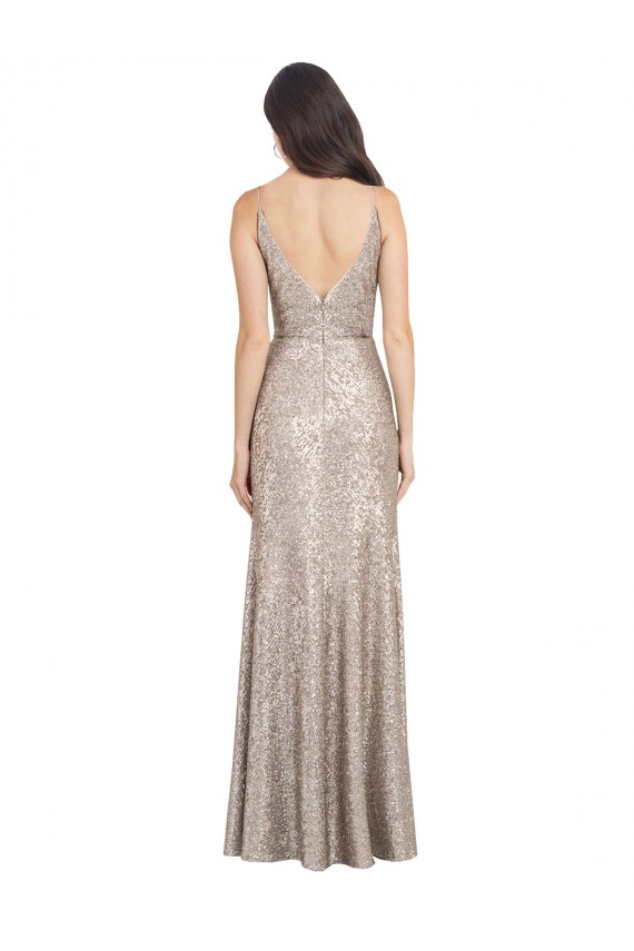 V-Neck Fully Sequin Formal Bridesmaid Dress / Prom Dress with V-Back and Front Slit