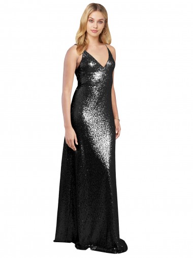 Full Length A-Line Formal Sequin Bridesmaid Dress / Prom Dress with Spaghetti Straps V-Neckline Glasgow