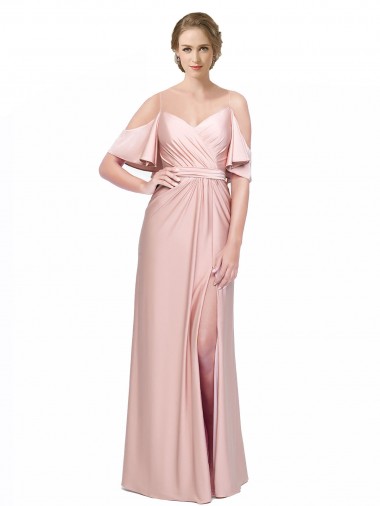 Draped Cold Shoulder Sleeves Long Formal Silky Satin Bridesmaid Dress / Prom Dress with Slit and Tie Back Glasgow