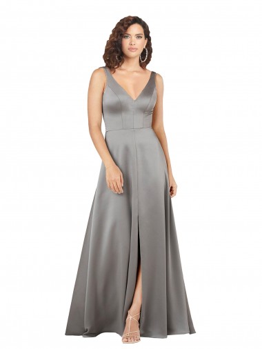 Plunging V-Neckline Long A-Line Formal Silky Satin Bridesmaid Dress / Prom Dress Glasgow