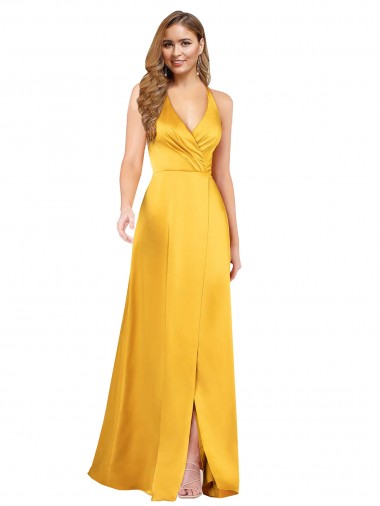 Halter A-Line Formal Silky Satin Bridesmaid Dress / Prom Dress with V-Neckline and Slit Glasgow