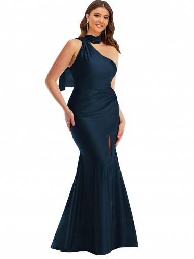 Scarf Neck One Shoulder Formal Silky Satin Mermaid Bridesmaid Dress / Prom Dress with Front Slit Glasgow