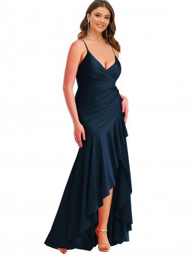 Pleated Wrap Ruffled High Low Formal Silky Satin Bridesmaid Dress / Prom Dress Glasgow