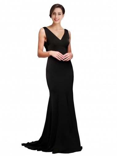 V-Neck Full Length Formal Silky Satin Bridesmaid Dress / Prom Dress with Soft Cowl Neck and Sweep Train Glasgow