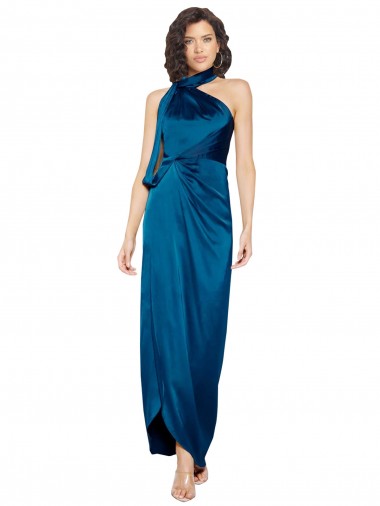 High Halter Neck Formal Silky Satin Bridesmaid Dress / Prom Dress with Sash Overlay and Side Split Glasgow