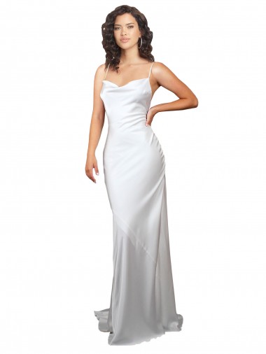 Simple Sweep Train Low Back Tie Cowl Neck Long Silky Satin Beach Wedding Dress Glasgow