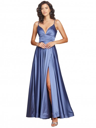Deep V-Neck Sweetheart Long Formal Silky Satin Bridesmaid Dress / Prom Dress with Thigh High Slit Glasgow
