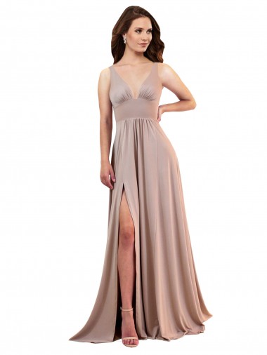 Long A-Line Plunge V-Neckline Formal Spandex Bridesmaid Dress / Prom Dress with Slit Glasgow