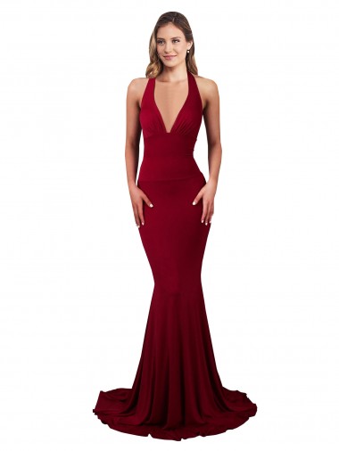 Halter Mermaid Plunge V-Neckline Open Back Bow Tie Formal Spandex Bridesmaid Dress / Prom Dress Glasgow