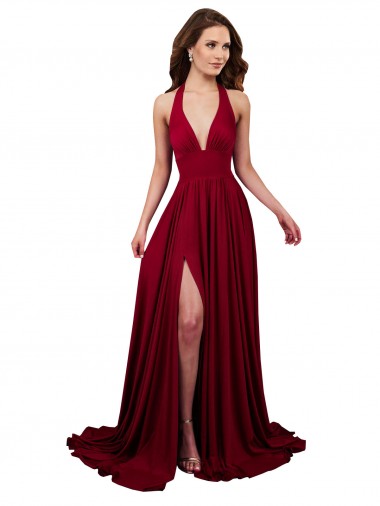 A-Line Halter Plunge V-Neckline Open Back Formal Spandex Bridesmaid Dress / Prom Dress with Slit Glasgow