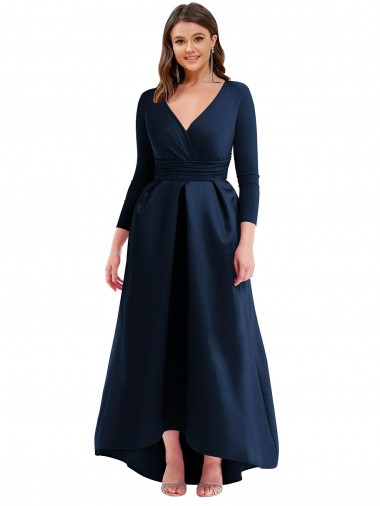 Long Sleeves Wrapped Formal Spandex Bridesmaid Dress / Prom Dress with High Low Full Skirt and Pockets Glasgow