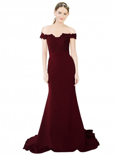 Full Length Off the Shoulder Formal Crepe Bridesmaid Dress / Prom Dress with Lace On Bodice and Back Glasgow