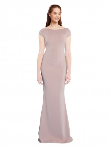 Boat Neck Cap Sleeve Formal Crepe Bridesmaid Dress / Prom Dress with Plunging Tie Back Glasgow