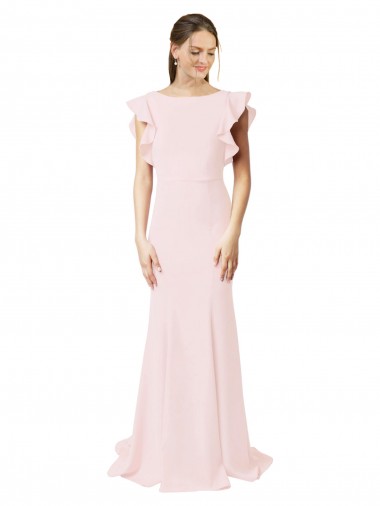 Low V-Back Long Mermaid Crepe Bridesmaid Dress / Prom Dress with Ruffled Sleeves Glasgow