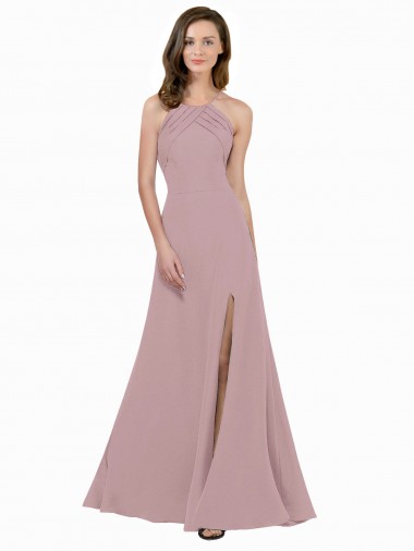 High Neck Crepe Bridesmaid Dress / Prom Dress with Pleats and Keyhole Back Glasgow