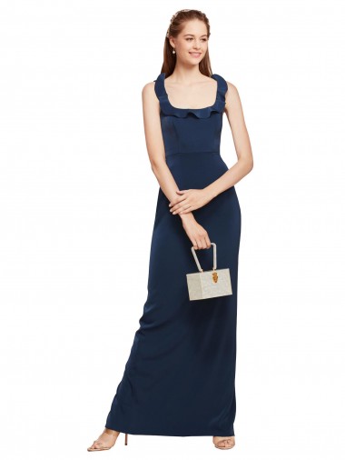 Scoop Neck with Ruffles Long Formal Crepe Bridesmaid Dress / Prom Dress with Back Slit Glasgow