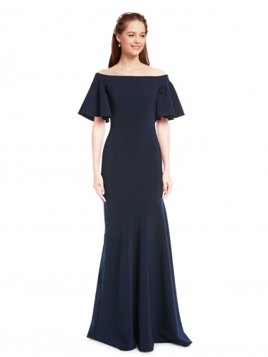 Off the Shoulder Formal Crepe Bridesmaid Dress / Prom Dress with Short Ruffle Sleeves. Glasgow
