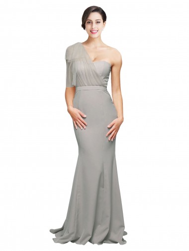Long Sweep Train Sweetheart Formal Crepe Bridesmaid Dress / Prom Dress with Tulle One Shoulder Glasgow