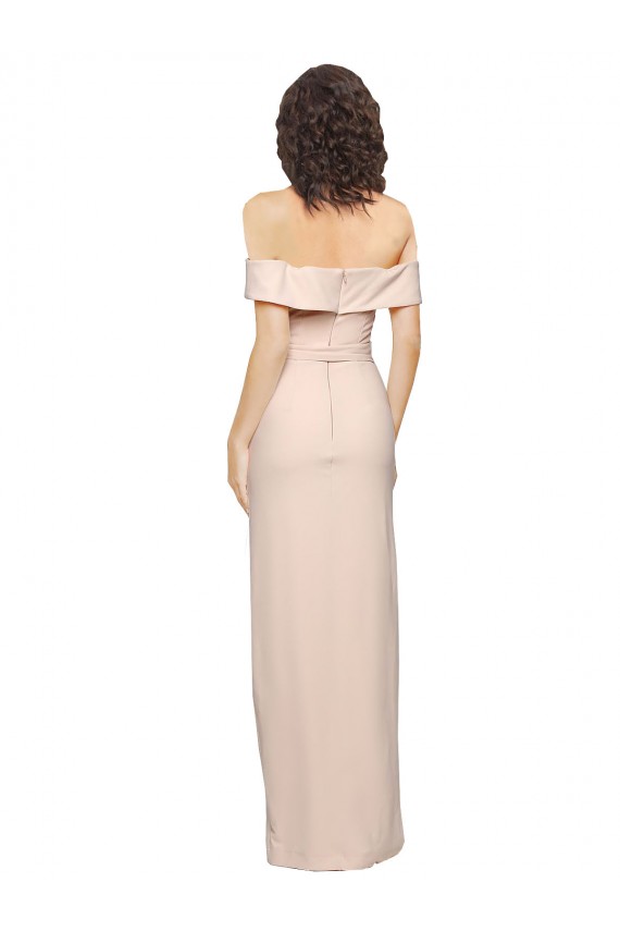 Off the Shoulder Long Formal Crepe Bridesmaid Dress / Prom Dress with Waist Tie and Slit