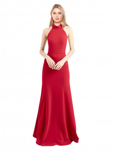 Sleek Fit and Flare High Neck Halter Stretch Formal Crepe Bridesmaid Dress / Prom Dress with Open Back Glasgow