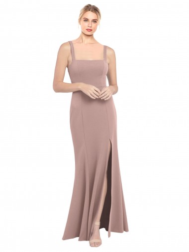 Square Neck Fit and Flare Long Stretch Crepe Bridesmaid Dress / Prom Dress with Side Slit Glasgow